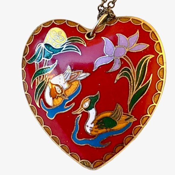 Vintage Cloisonne Large Heart Puffy Double Sided Enamel Pendant Necklace Red Blu - Picture 11 of 16
